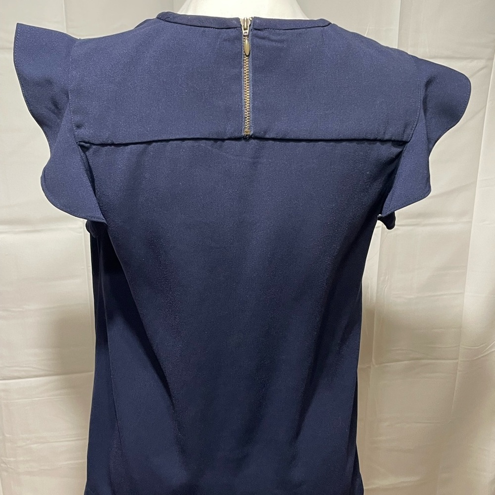 J. Crew Navy Ruffle Sleeve Top, Zipper Closure in Back. So much nicer in person. - Picture 6 of 13